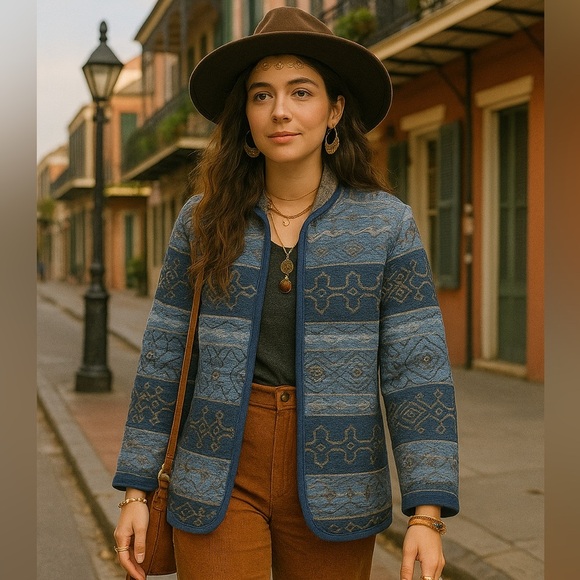 Vintage Tradition Blue Tapestry Art to Wear Western Wool Blue Jacket Size 16